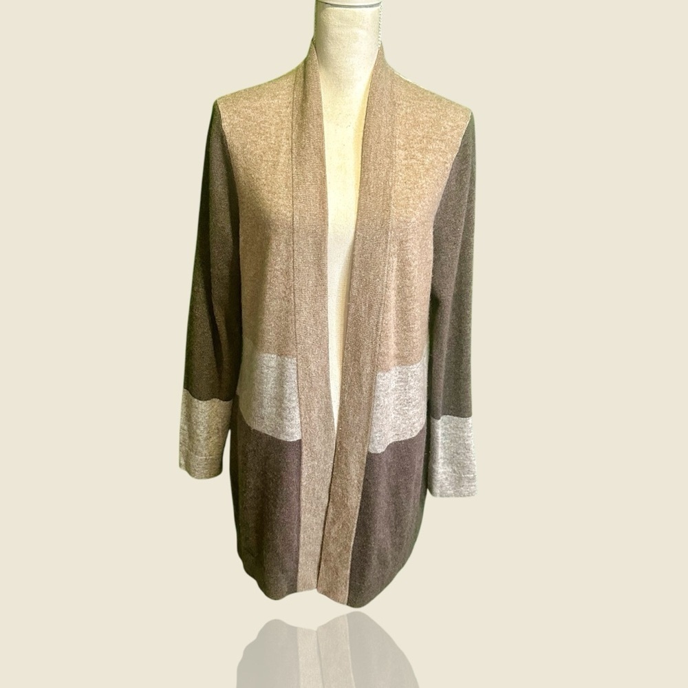 Charter Club Luxury Cashmere Tan & Gray Neutral Colorblock Open Cardigan Size L